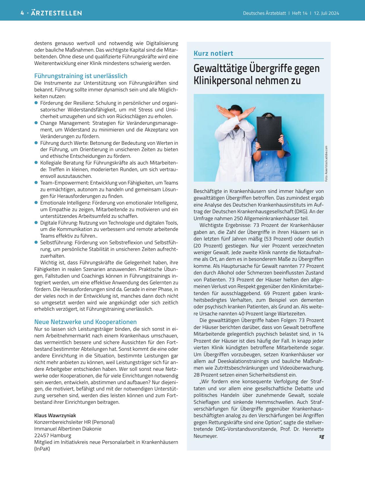 Vorschauseite 1: Gewalttätige Übergriffe gegen Klinikpersonal nehmen zu.
