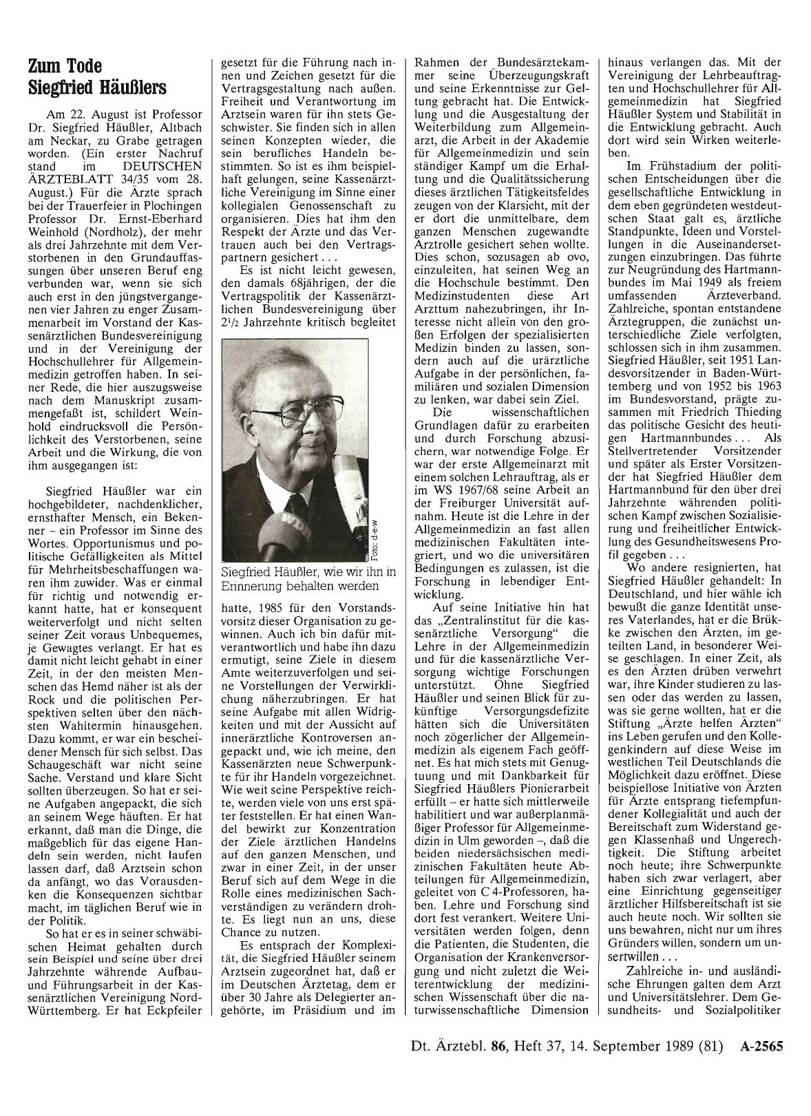 Vorschauseite 1: Zum Tode Siegfried Häußlers