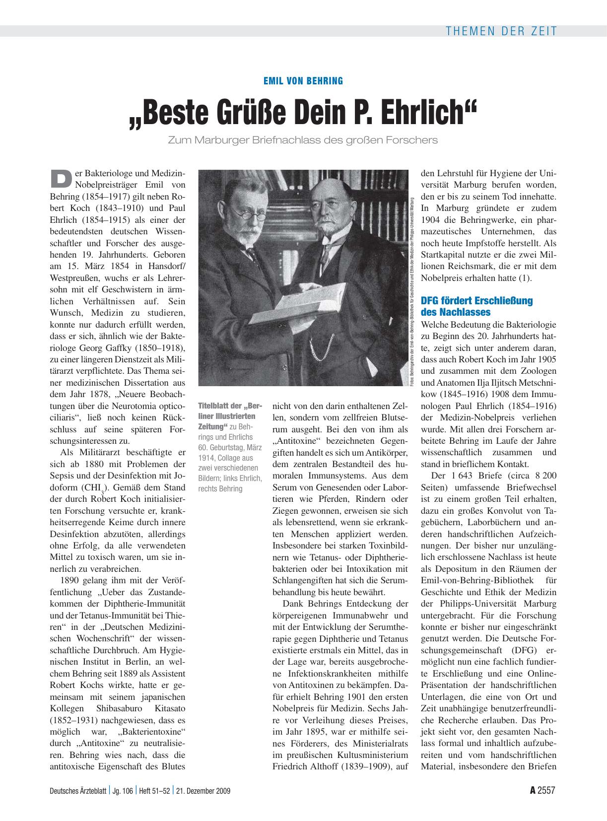 Vorschauseite 1: Emil von Behring: „Beste Grüße Dein P. Ehrlich“