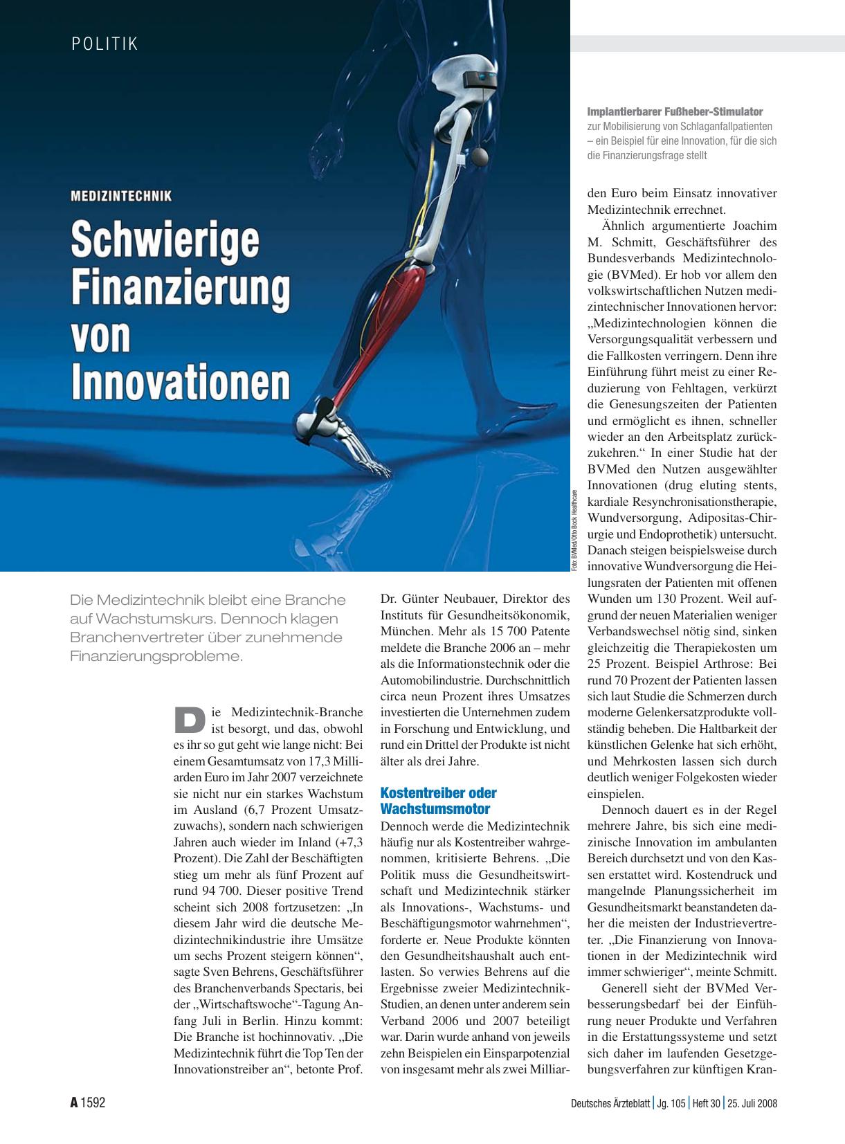 Vorschauseite 1: Medizintechnik: Schwierige Finanzierung von Innovationen