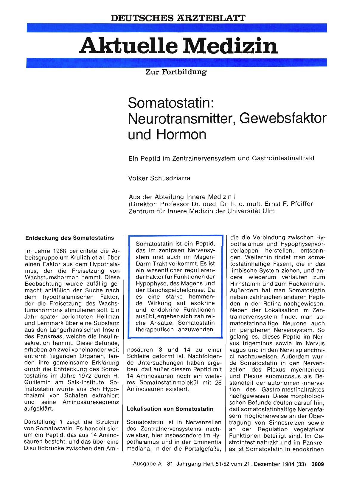 Vorschauseite 1: Somatostatin: Neurotransmitter, Gewebsfaktor und Hormon