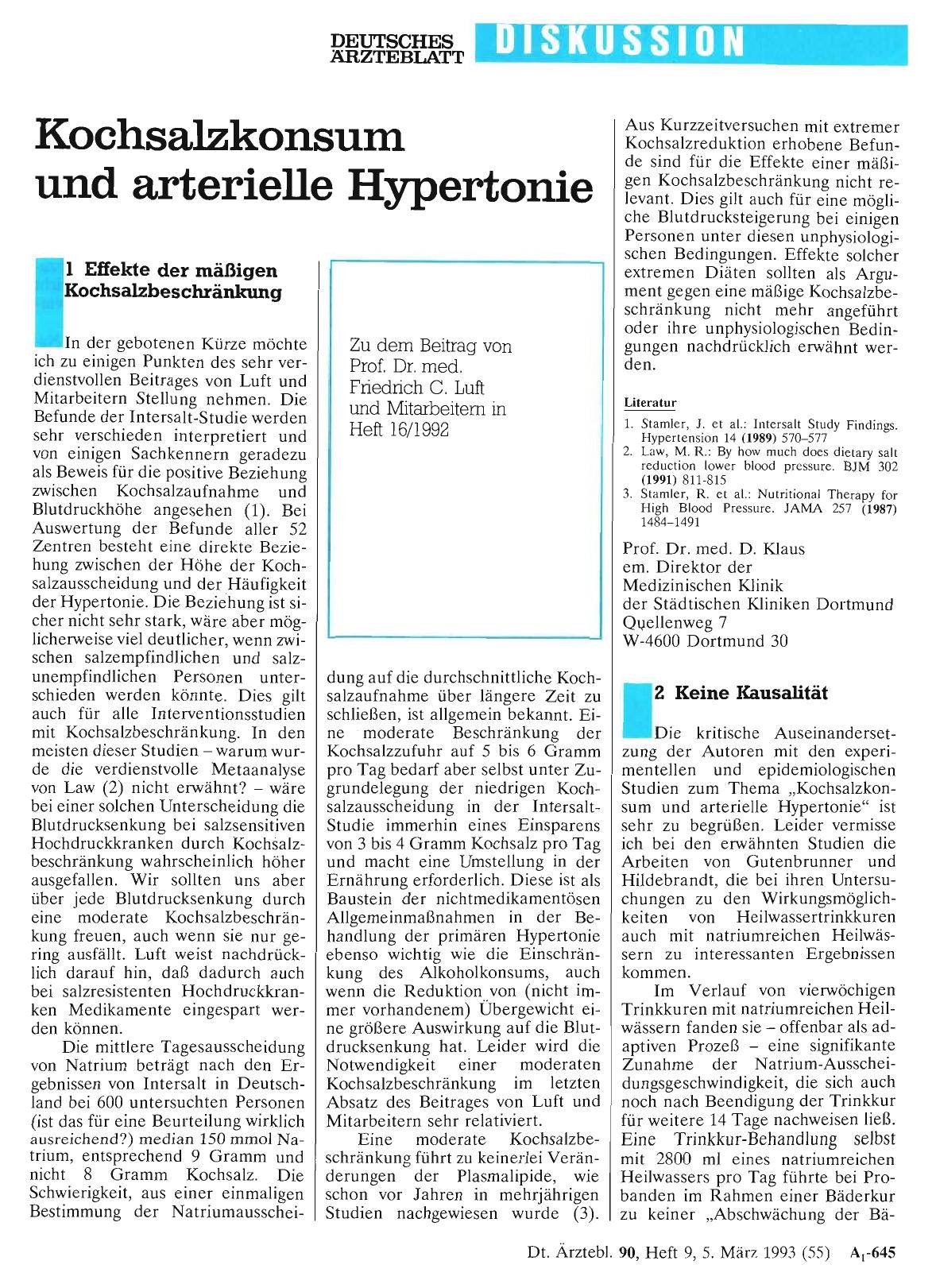 Vorschauseite 1: Kochsalzkonsum und arterielle Hypertonie: 1 Effekte der mäßigen Kochsalzbeschränkung