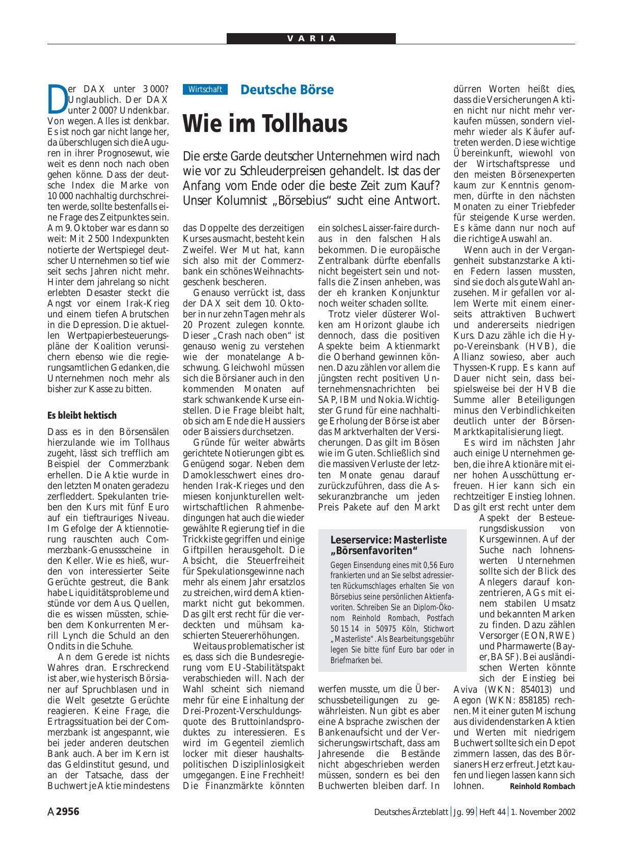 Vorschauseite 1: Leserservice: Masterliste „Börsenfavoriten“