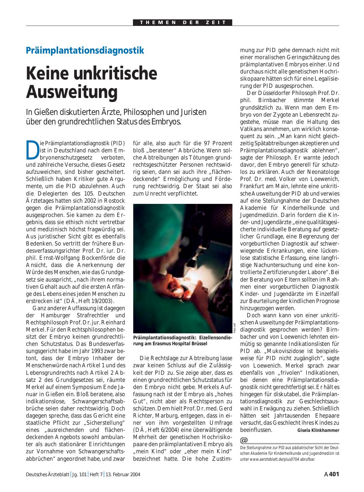 Vorschauseite 1: Präimplantationsdiagnostik: Keine unkritische Ausweitung