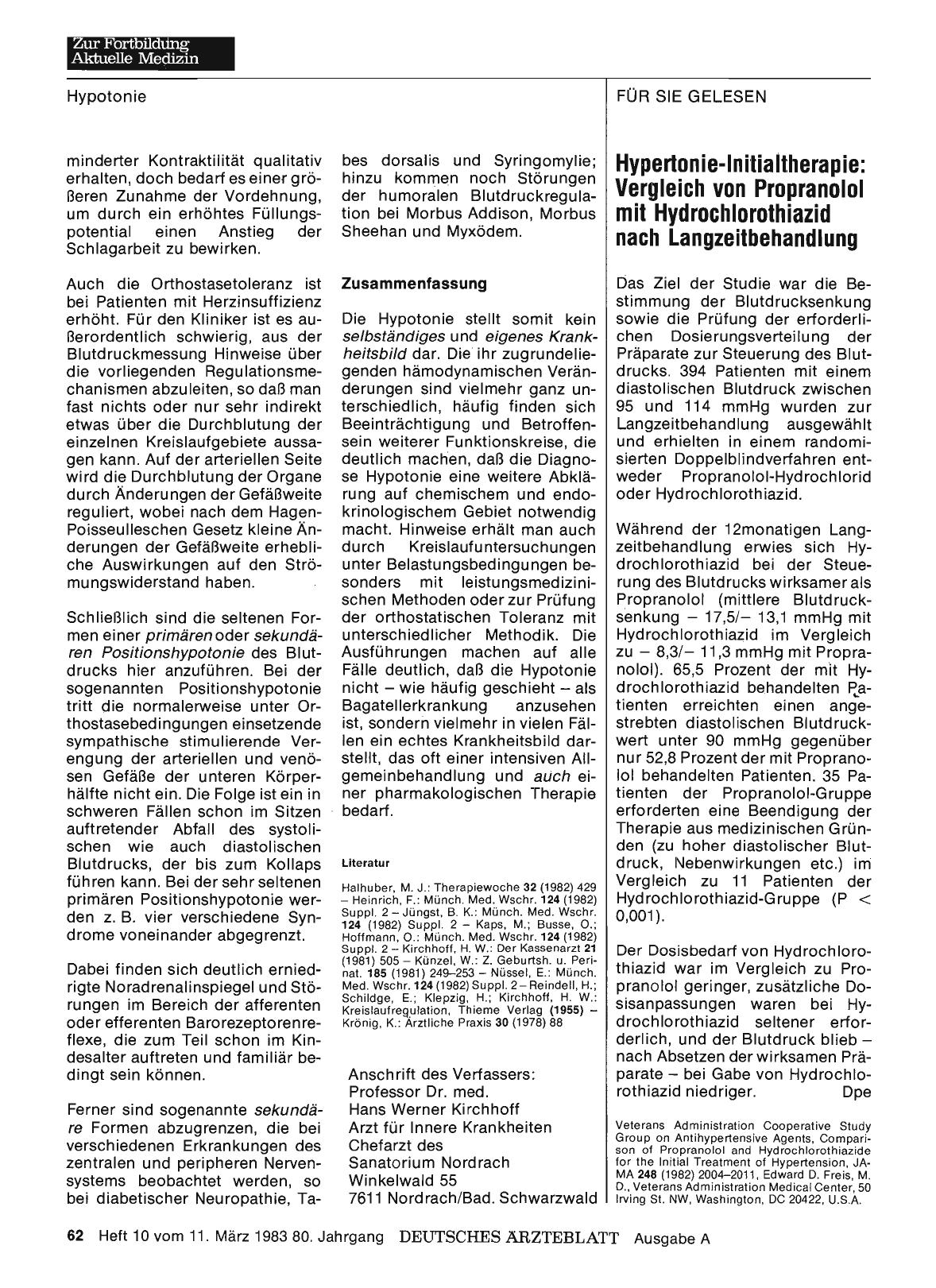 Vorschauseite 1: Hypertonie-Initialtherapie: Vergleich von Propranolol mit Hydrochlorothiazid nach Langzeitbehandlung