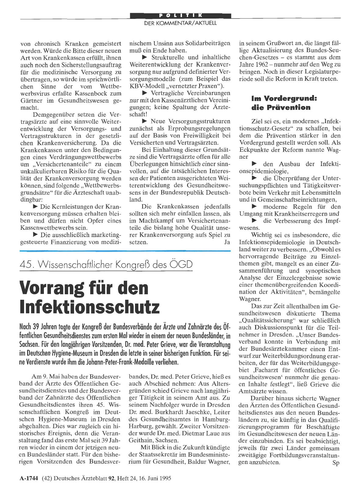 Vorschauseite 1: 45. Wissenschaftlicher Kongreß: des ÖGD Vorrang für den Infektionsschutz