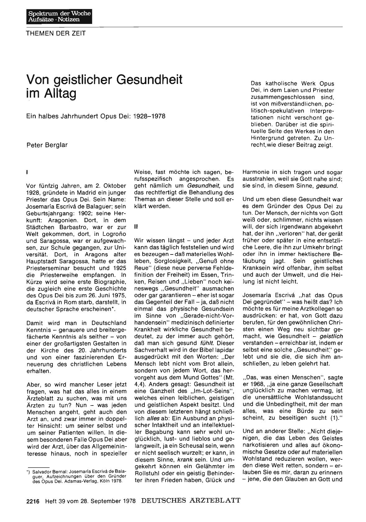 Vorschauseite 1: Von geistlicher Gesundheit im Alltag: Ein halbes Jahrhundert Opus Dei: 1928-1978