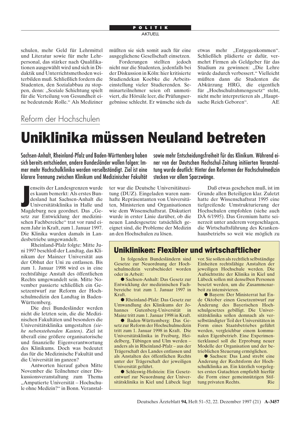 Vorschauseite 1: Reform der Hochschulen: Uniklinika müssen Neuland betreten