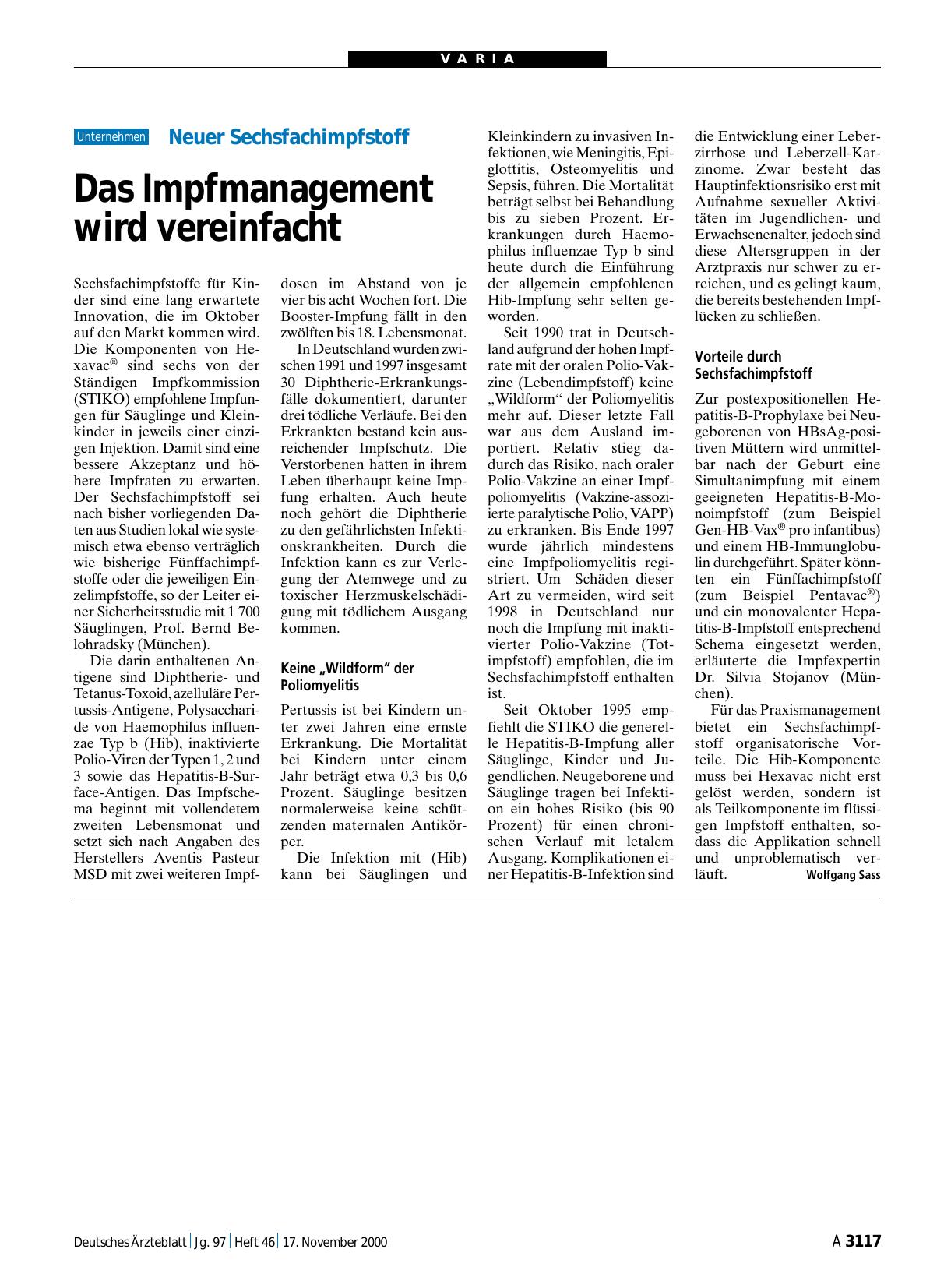 Vorschauseite 1: Neuer Sechsfachimpfstoff: Das Impfmanagement wird vereinfacht