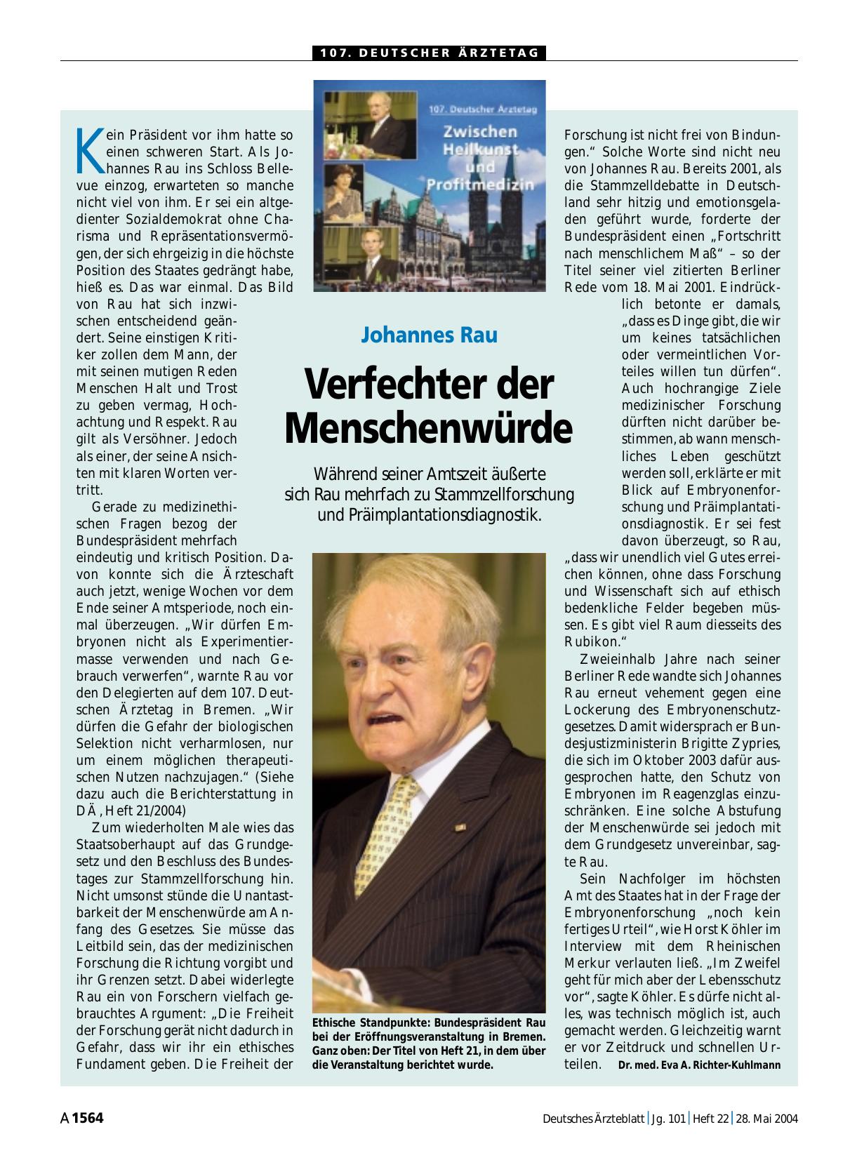 Vorschauseite 1: Johannes Rau: Verfechter der Menschenwürde