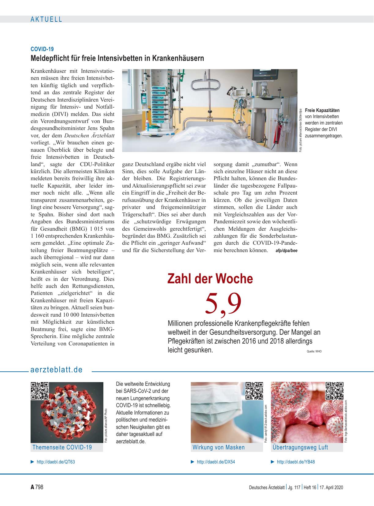 Vorschauseite 1: COVID-19: Meldepflicht für freie Intensivbetten in Krankenhäusern