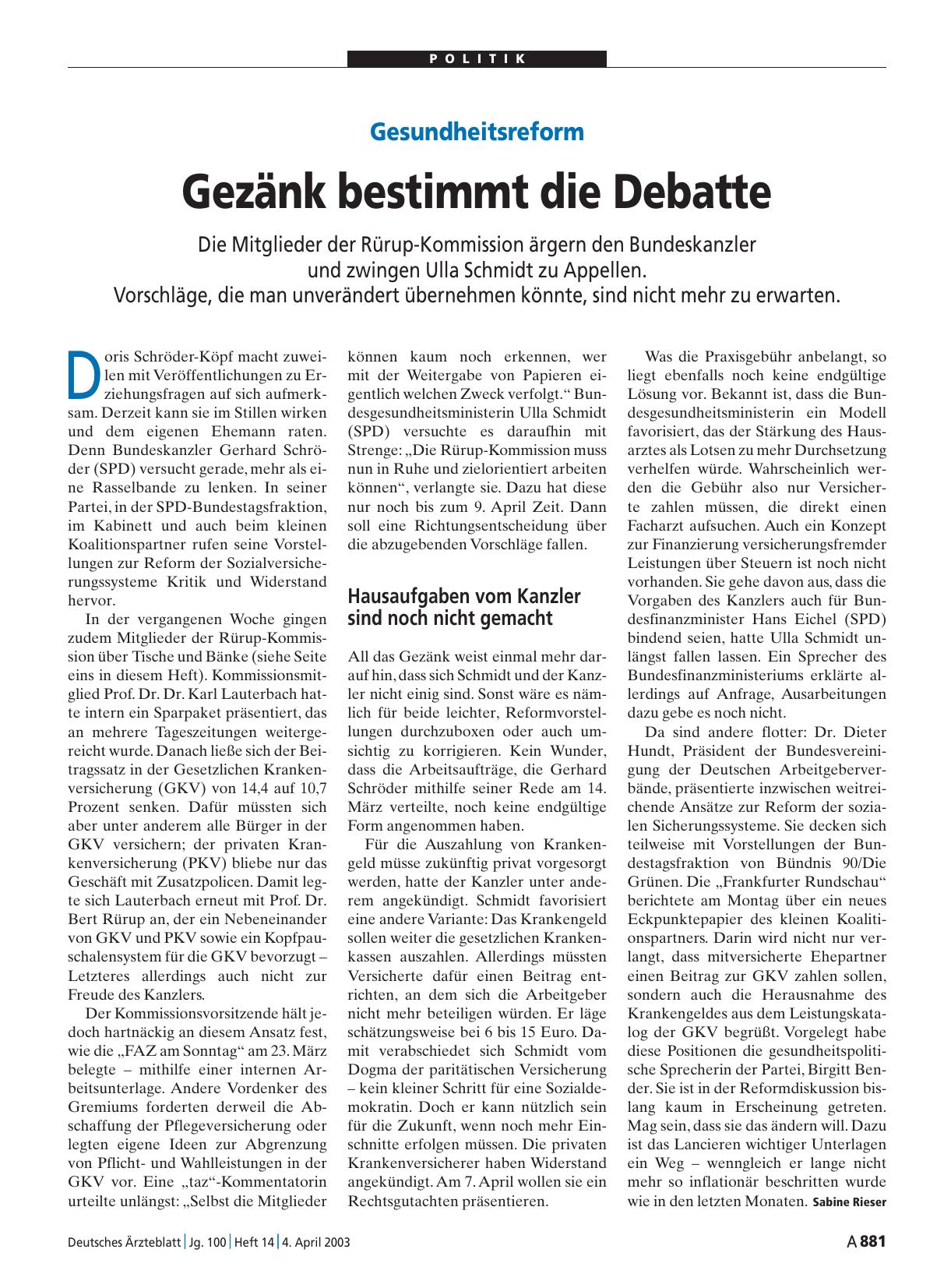 Vorschauseite 1: Gesundheitsreform: Gezänk bestimmt die Debatte