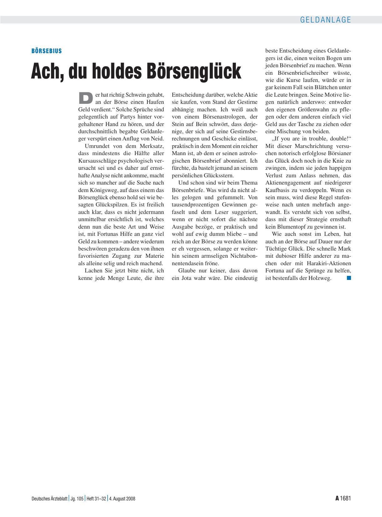 Vorschauseite 1: Börsebius: Ach, du holdes Börsenglück
