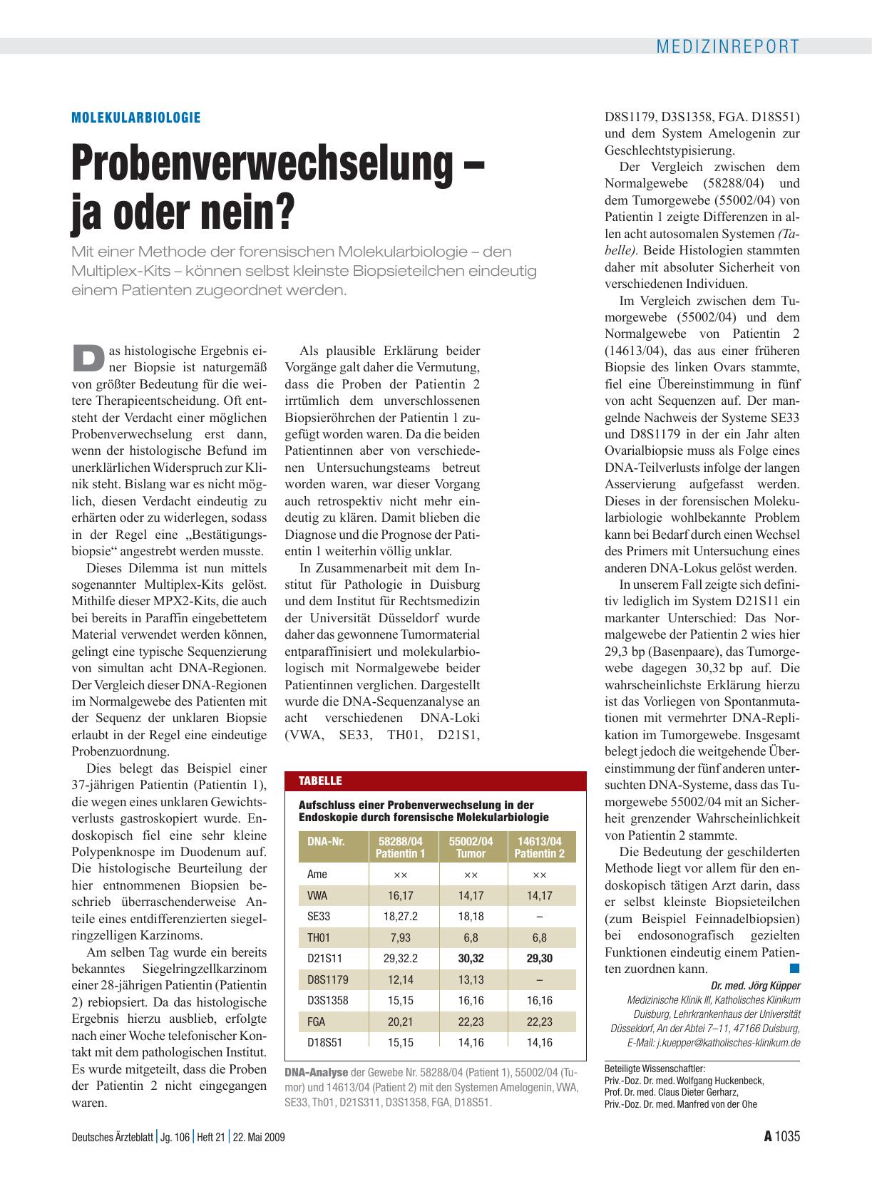 Vorschauseite 1: Molekularbiologie: Probenverwechselung – ja oder nein?