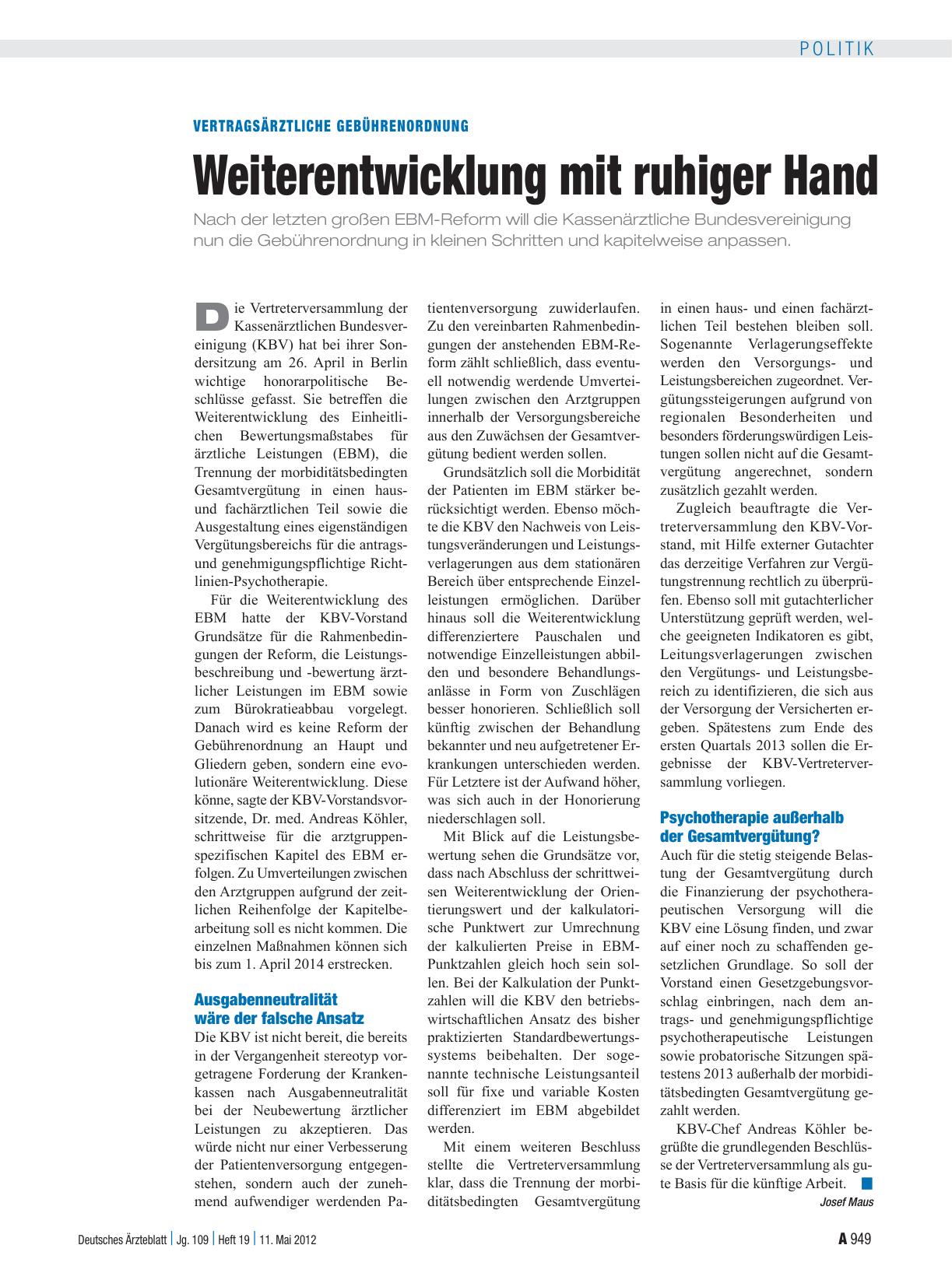 Vorschauseite 1: Vertragsärztliche Gebührenordnung: Weiterentwicklung mit ruhiger Hand