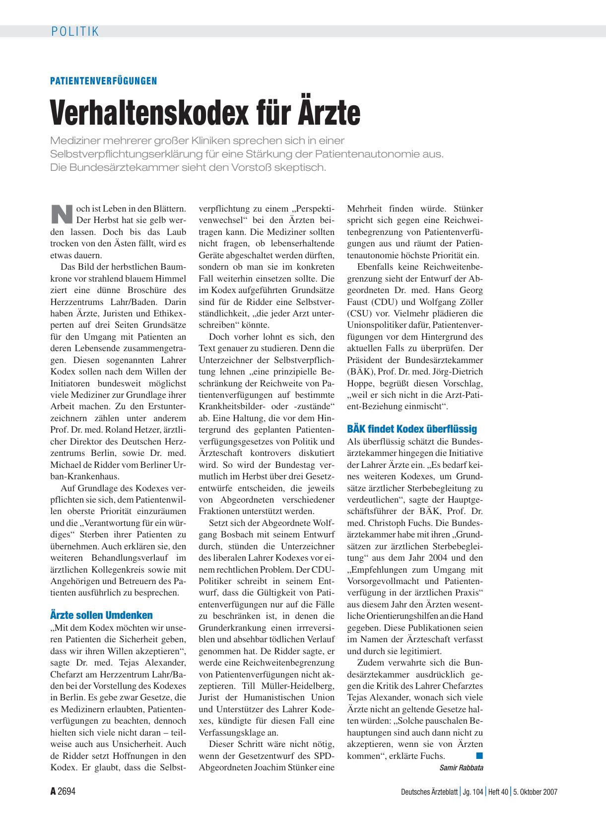 Vorschauseite 1: Patientenverfügungen: Verhaltenskodex für Ärzte