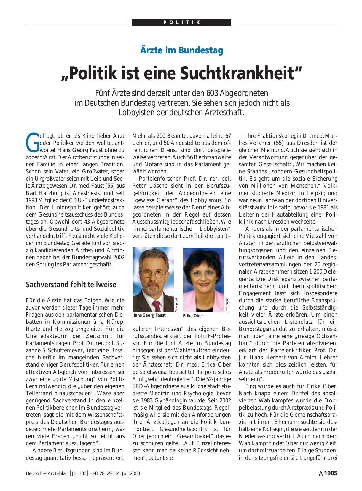 Vorschauseite 1: Ärzte im Bundestag: „Politik ist eine Suchtkrankheit“
