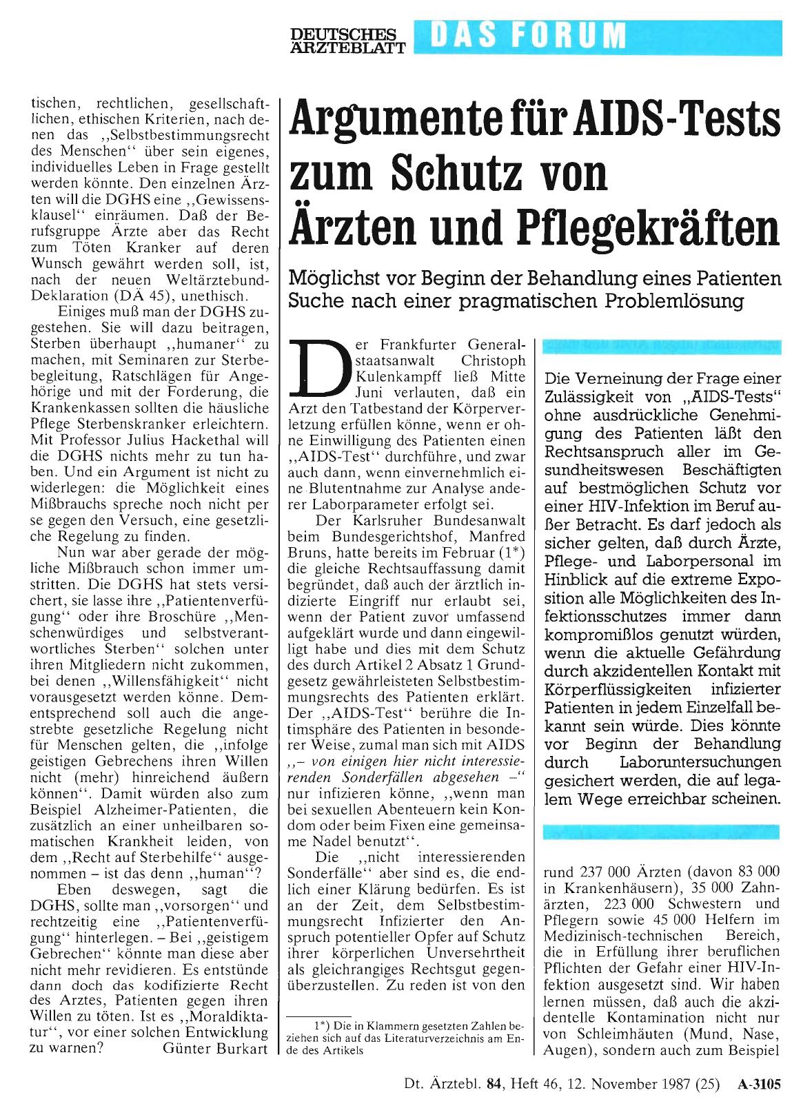 Vorschauseite 1: Argumente für AIDS-Tests zum Schutz von Ärzten und Pflegekräften