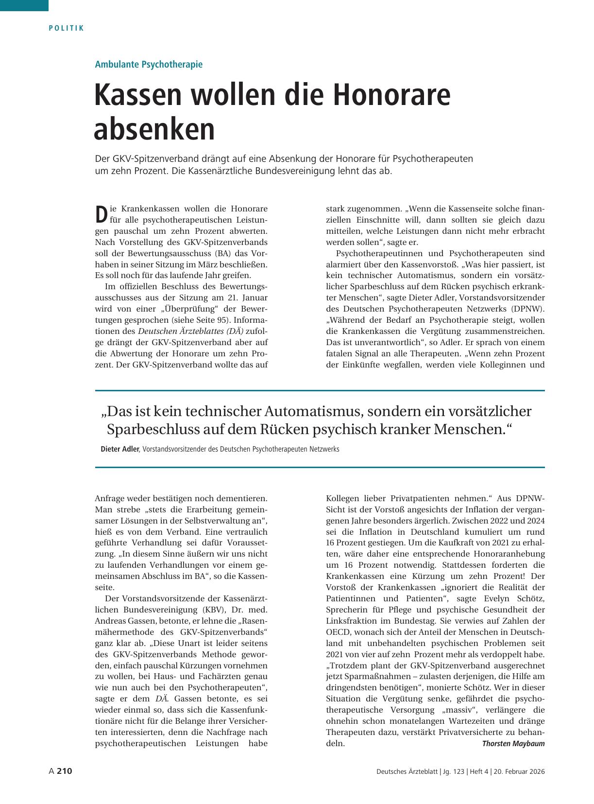 Vorschauseite 1: Ambulante Psychotherapie: Kassen wollen die Honorare absenken