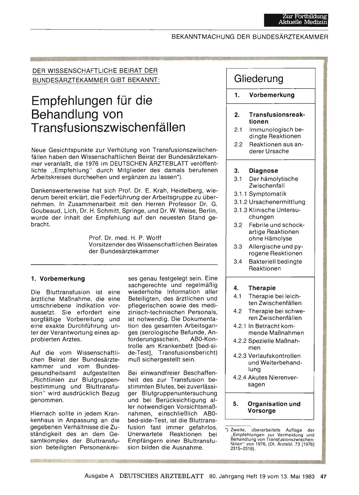 Vorschauseite 1: DER WISSENSCHAFTLICHE BEIRAT DER BUNDESÄRZTEKAMMER GIBT BEKANNT: Empfehlungen für die Behandlung von Transfusionszwischenfällen