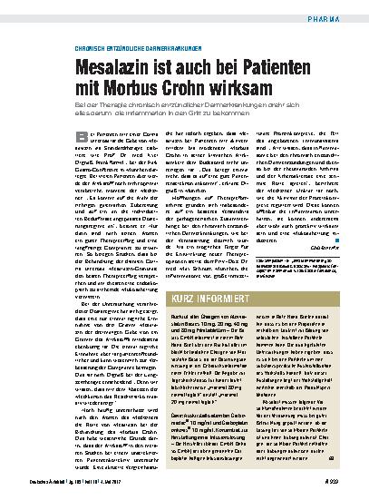Vorschauseite 1: Chronisch entzündliche Darmerkrankungen: Mesalazin ist auch bei Patienten mit Morbus Crohn wirksam