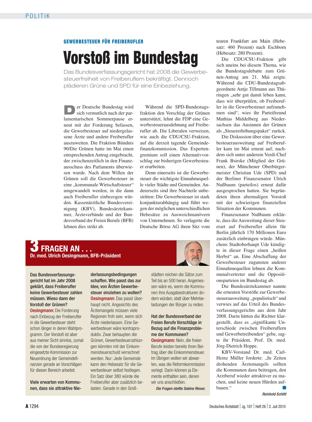 Vorschauseite 1: Gewerbesteuer für Freiberufler: Vorstoß im Bundestag