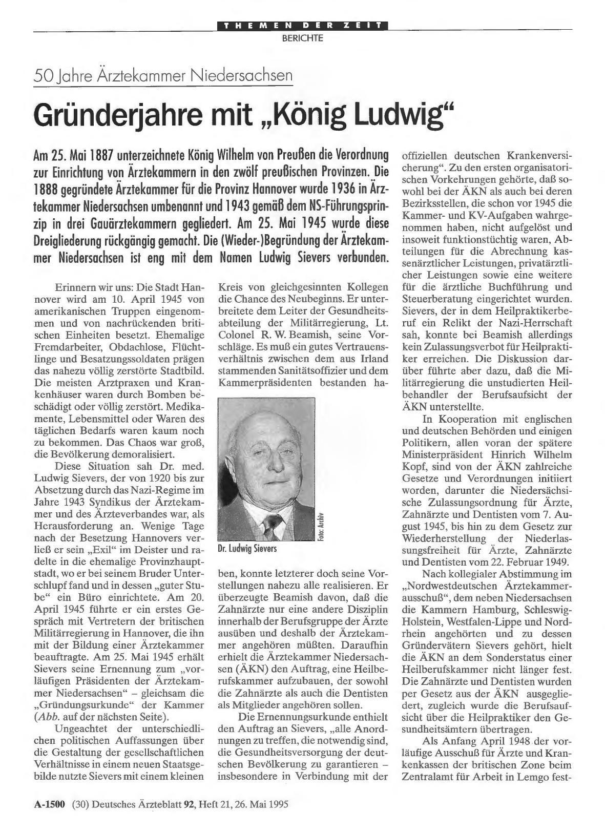 Vorschauseite 1: 50 Jahre Ärztekammer Niedersachsen: Gründerjahre mit „König Ludwig“