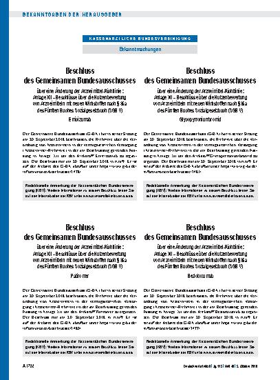 Vorschauseite 1: Beschluss des Gemeinsamen Bundesausschusses über eine Änderung der Arzneimittel-Richtlinie: Anlage XII – Patiromer