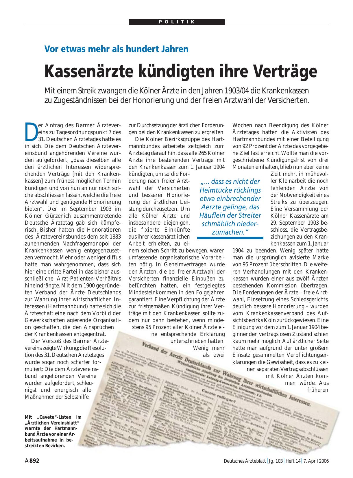 Vorschauseite 1: Vor etwas mehr als hundert Jahren: Kassenärzte kündigten ihre Verträge