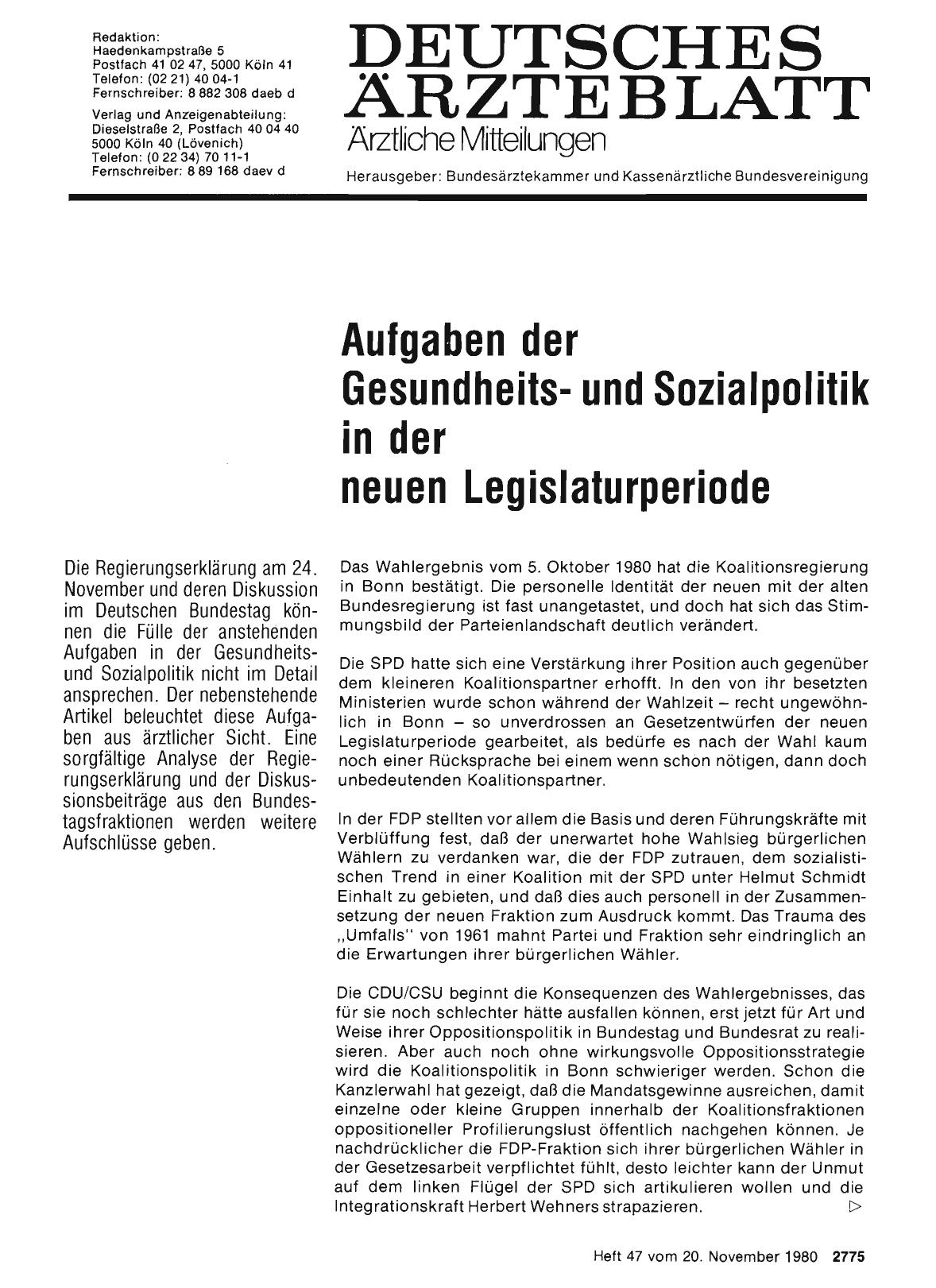 Vorschauseite 1: Aufgaben der Gesundheitsund Sozialpolitik in der neuen Legislaturperiode