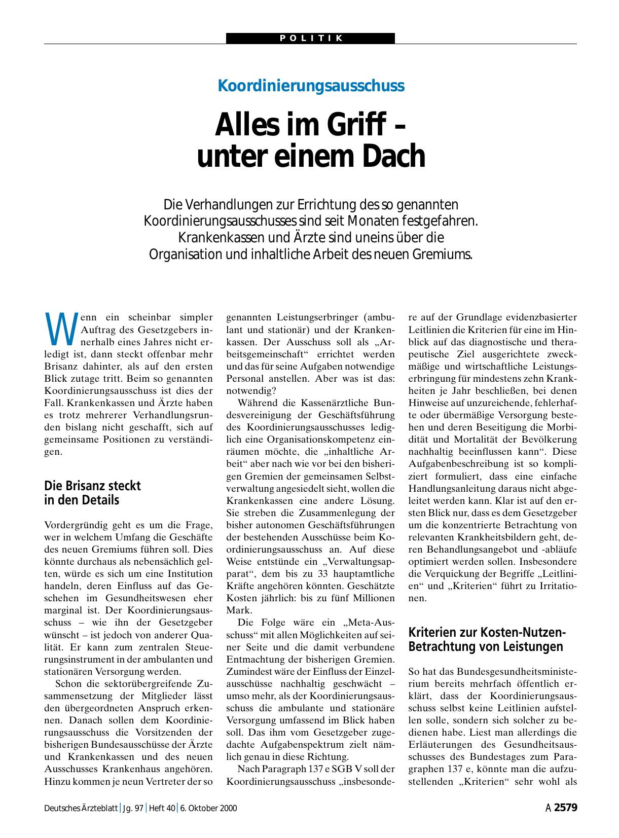 Vorschauseite 1: Koordinierungsausschuss: Alles im Griff – unter einem Dach