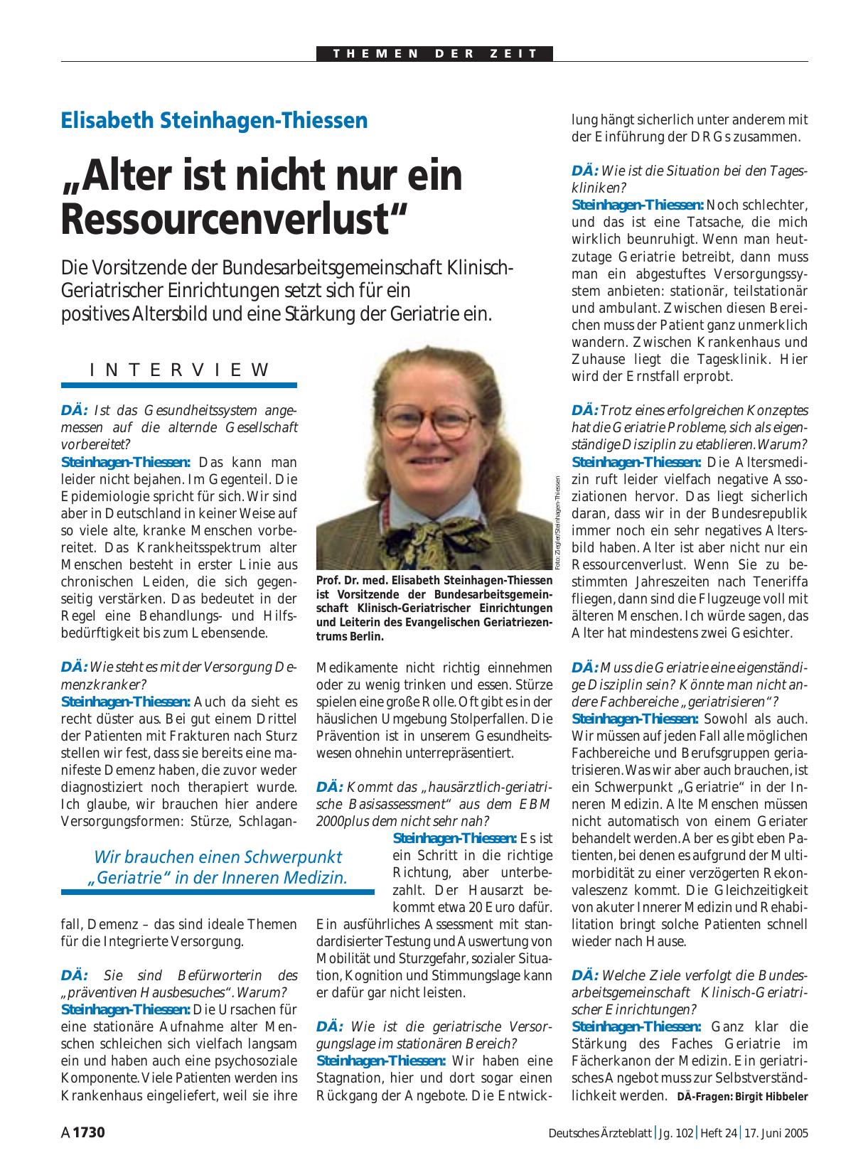 Vorschauseite 1: Elisabeth Steinhagen-Thiessen: „Alter ist nicht nur ein Ressourcenverlust“