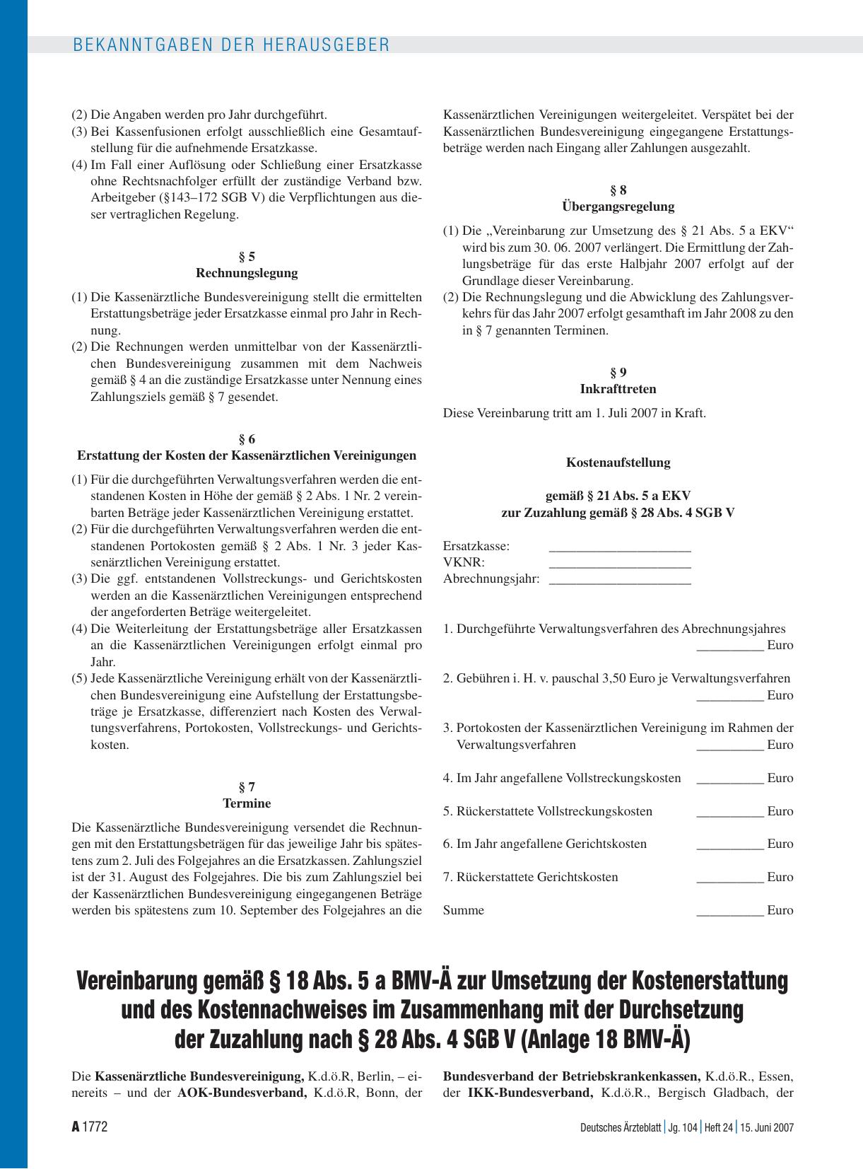 Vorschauseite 1: Vereinbarung gemäß § 18 Abs. 5 a BMV-Ä zur Umsetzung der Kostenerstattung und des Kostennachweises im Zusammenhang mit der Durchsetzung der Zuzahlung nach § 28 Abs. 4 SGB V (Anlag…