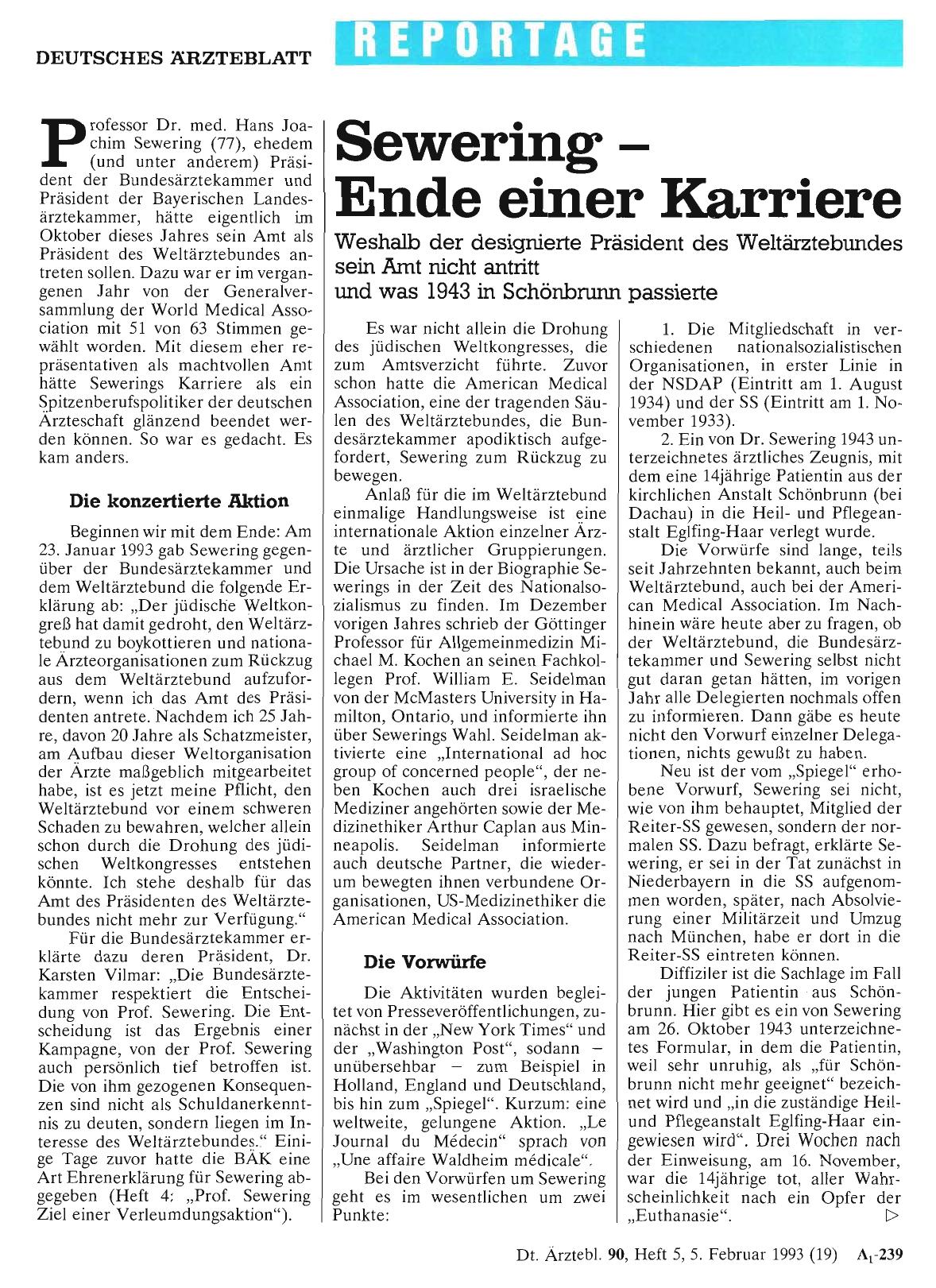 Vorschauseite 1: Sewering - Ende einer Karriere: Weshalb der designierte Präsident des Weltärztebundes sein Amt nicht antritt und was 1943 in Schönbrunn passierte