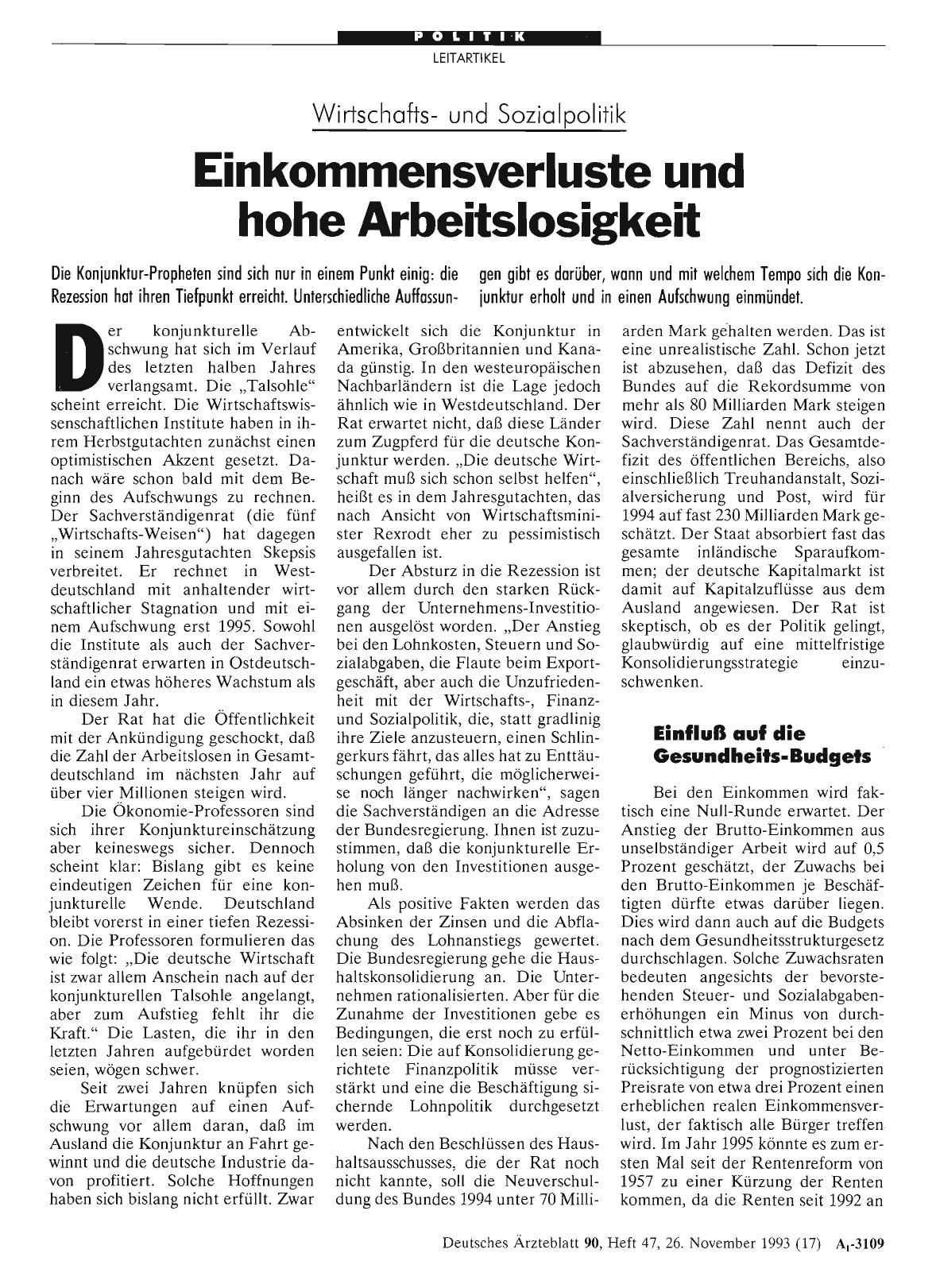 Vorschauseite 1: Wirtschaftsund Sozialpolitik: Einkommensverluste und hohe Arbeitslosigkeit