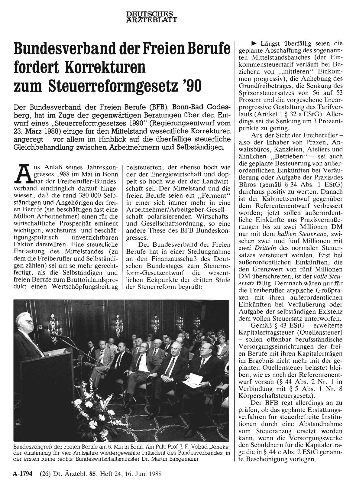 Vorschauseite 1: Bundesverband der Freien Berufe fordert Korrekturen zum Steuerreformgesetz '90