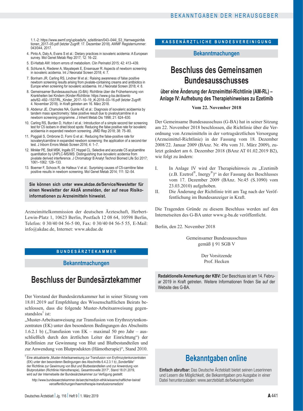 Vorschauseite 1: Beschluss des Gemeinsamen Bundesausschusses über eine Änderung der Arzneimittel-Richtlinie (AM-RL) – Anlage IV: Aufhebung des Therapiehinweises zu Ezetimib