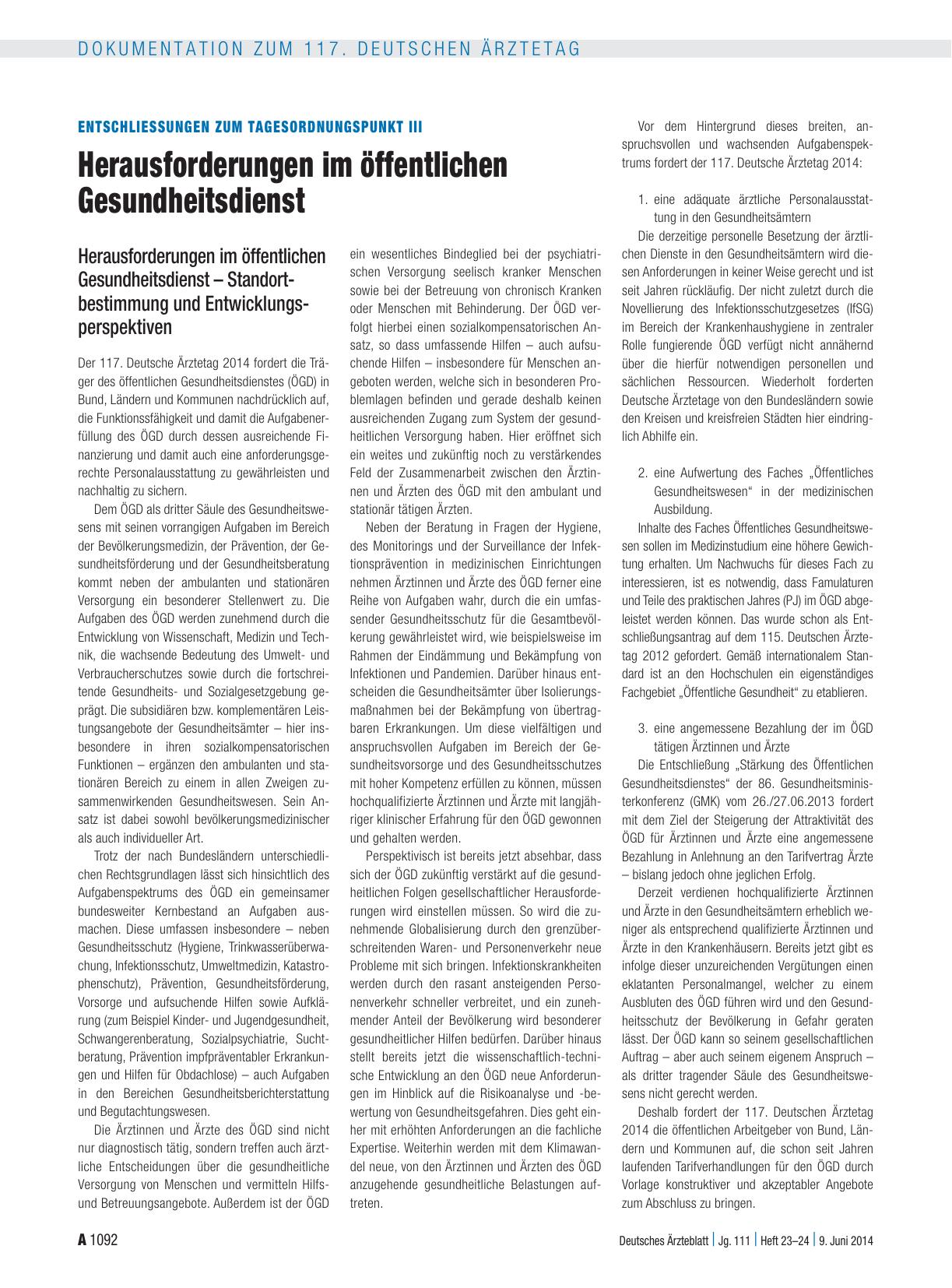 Vorschauseite 1: Entschliessungen zum Tagesordnungspunkt III: Herausforderungen im öffentlichen Gesundheitsdienst