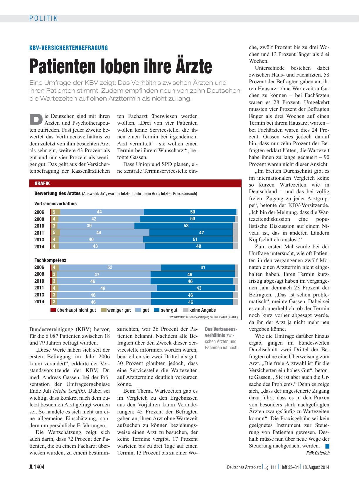 Vorschauseite 1: KBV-Versichertenbefragung: Patienten loben ihre Ärzte