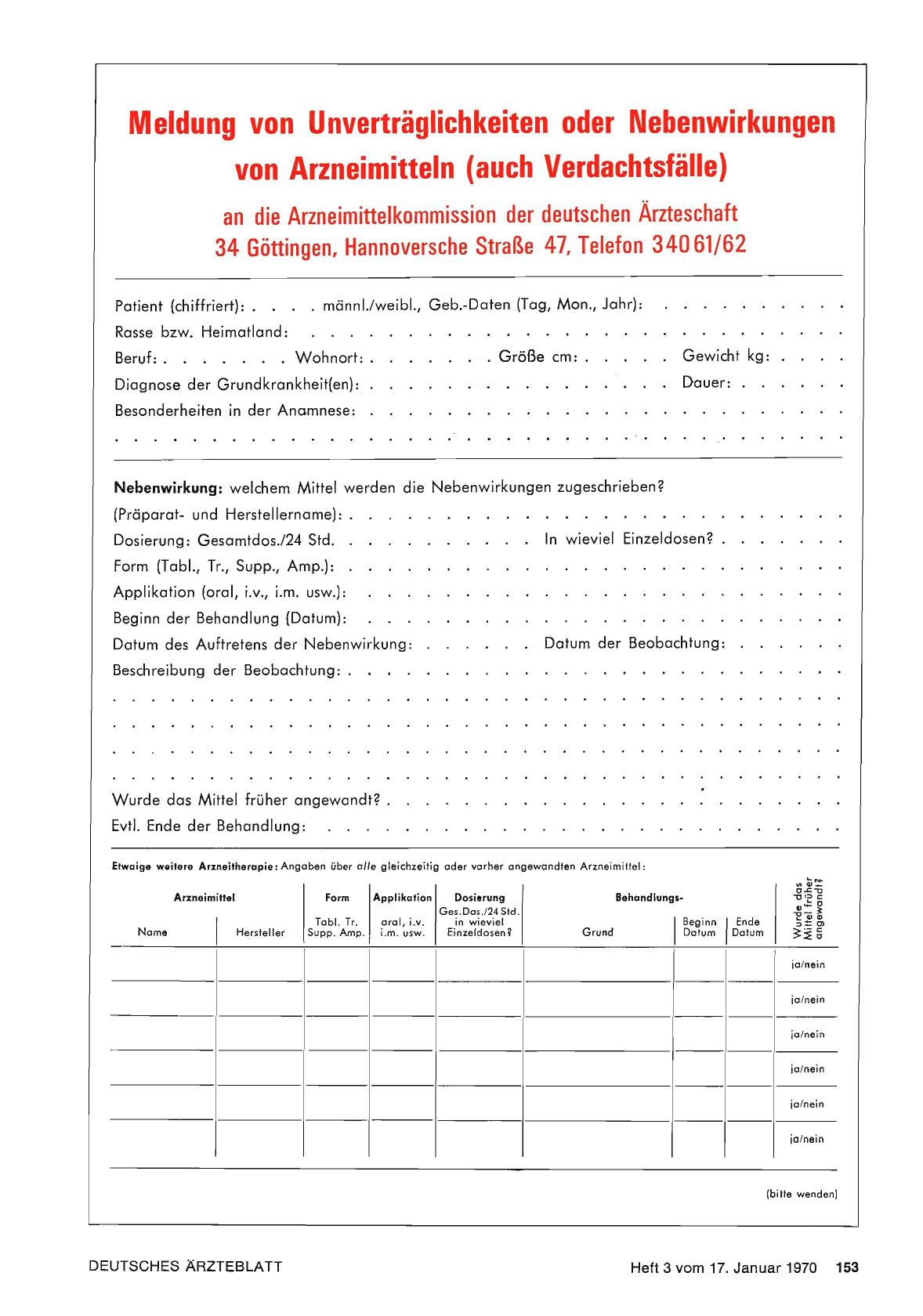 Vorschauseite 1: Meldung von Unverträglichkeiten oder Nebenwirkungen von Arzneimitteln (auch Verdachtsfälle)