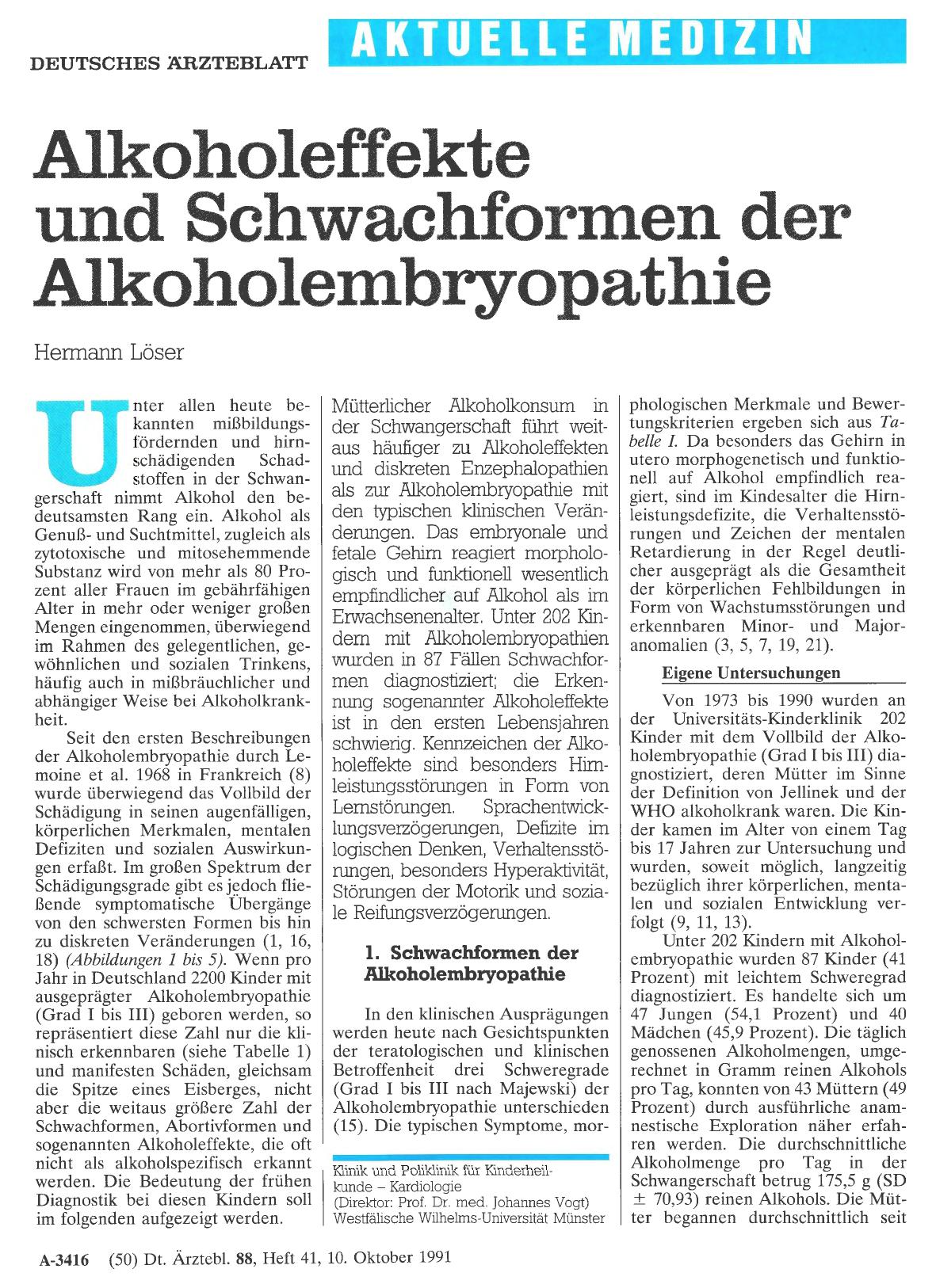 Vorschauseite 1: Alkoholeffekte und Schwachformen der Alkoholembryopathie