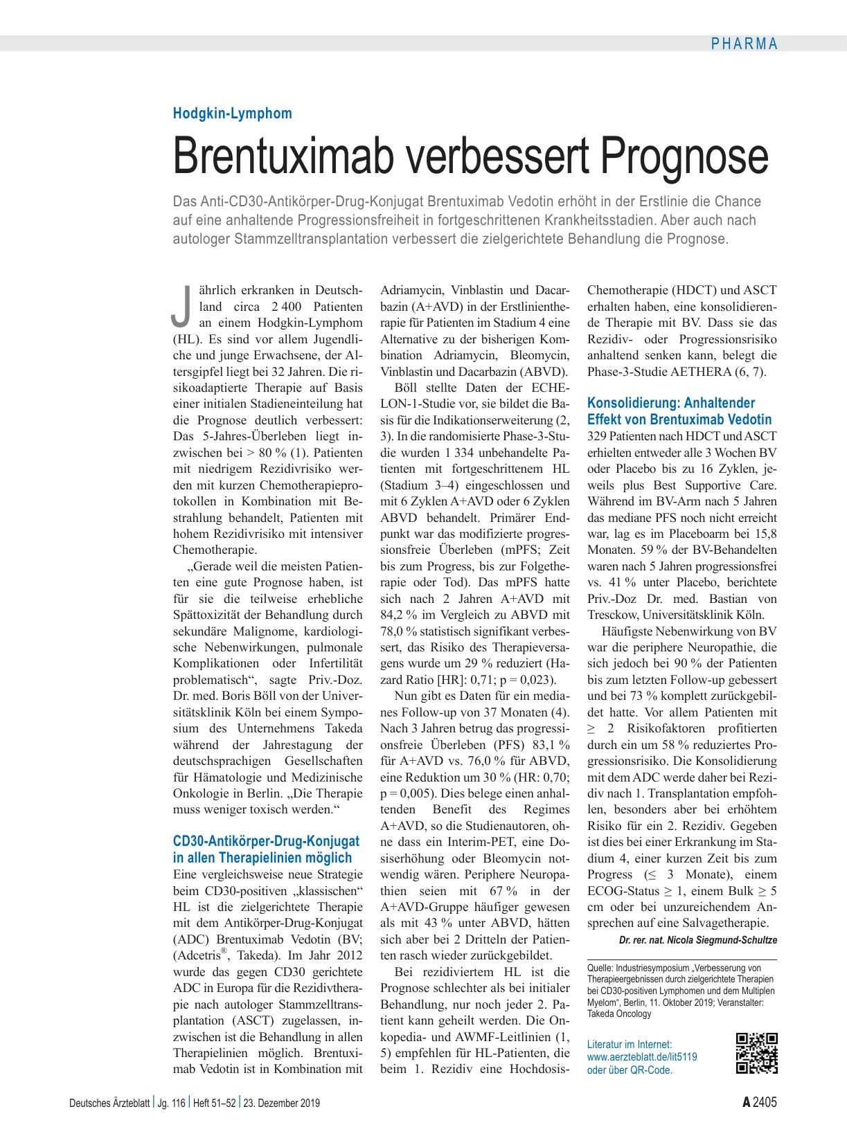 Vorschauseite 1: Hodgkin-Lymphom: Brentuximab verbessert Prognose