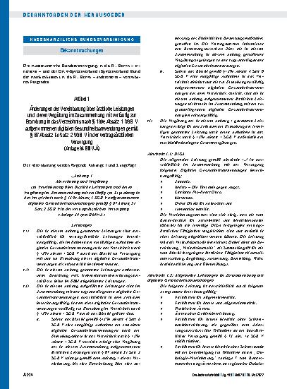 Vorschauseite 1: Änderungen der Vereinbarung über ärztliche Leistungen und deren Vergütung im Zusammenhang mit vorläufig zur Erprobung in das Verzeichnis nach § 139e Absatz 1 SGB V aufgenommenen d…