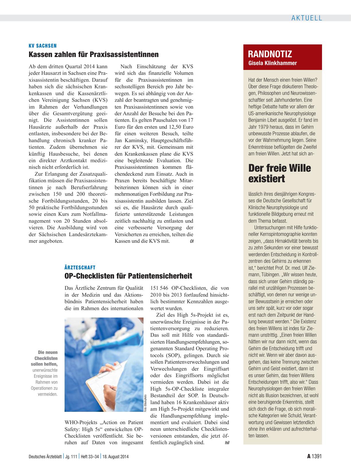 Vorschauseite 1: Ärzteschaft: OP-Checklisten für Patientensicherheit