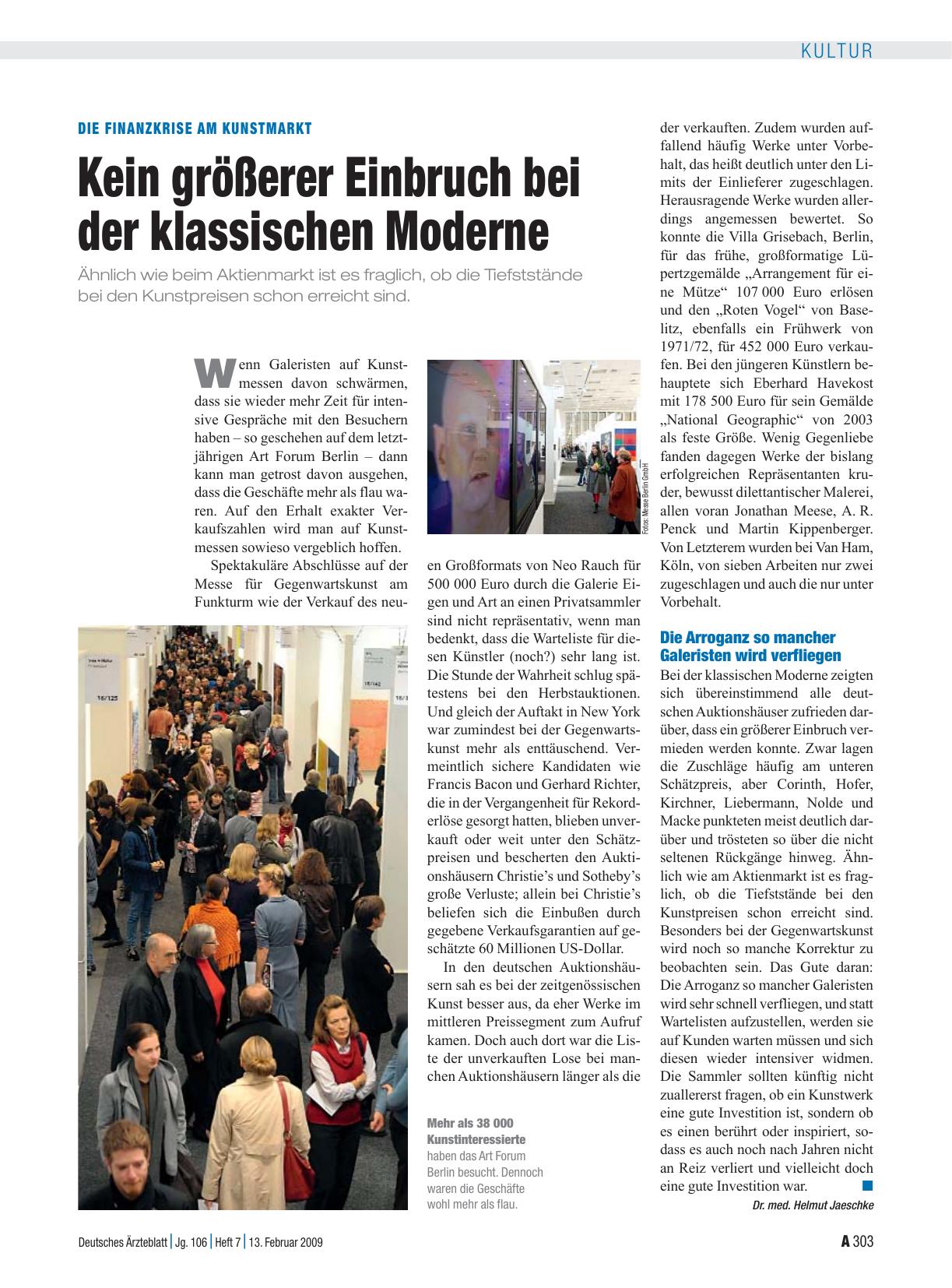 Vorschauseite 1: Die Finanzkrise am Kunstmarkt: Kein größerer Einbruch bei der klassischen Moderne