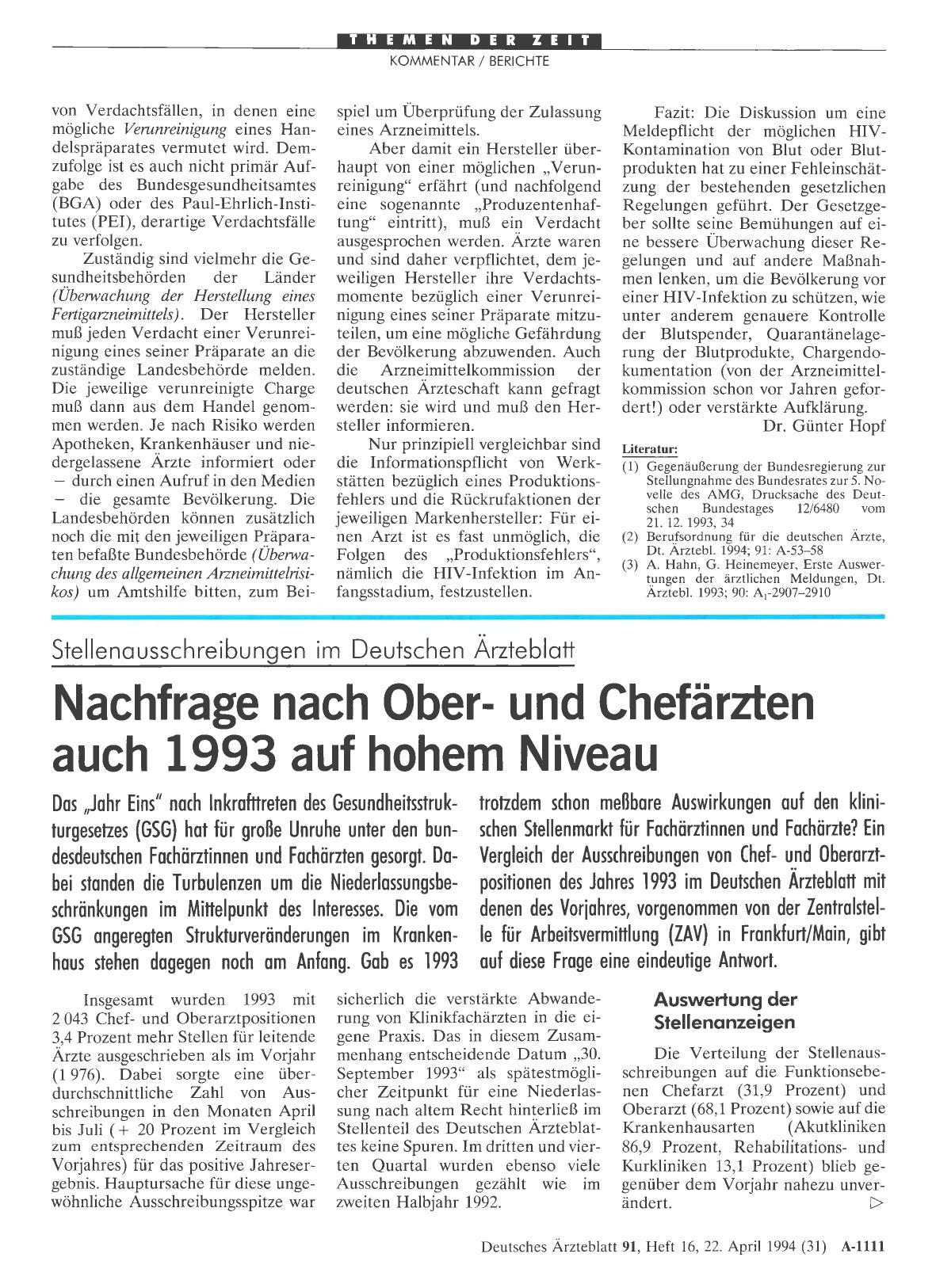 Vorschauseite 1: Stellenausschreibungen im Deutschen Ärzteblatt: Nachfrage nach Oberund Chefärzten auch 1993 auf hohem Niveau