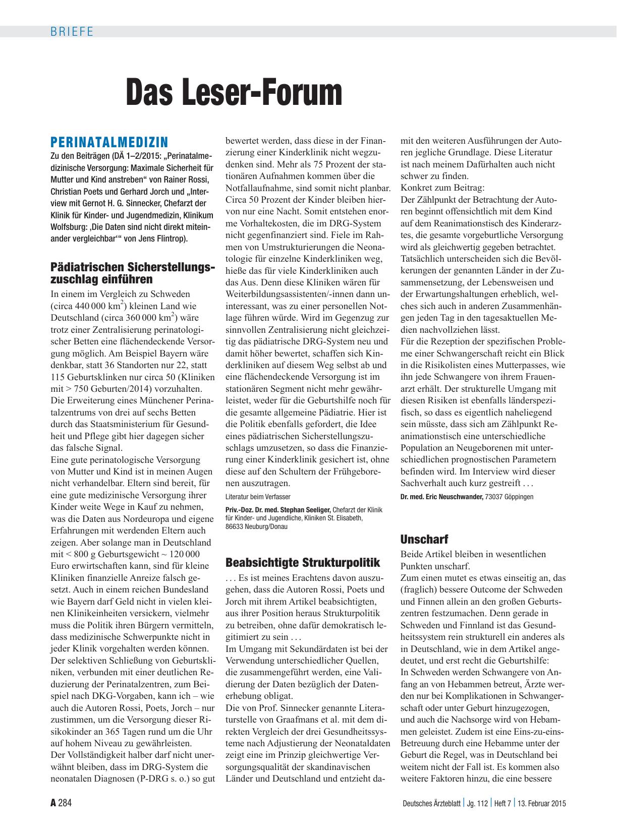 Vorschauseite 1: Perinatalmedizin: Beabsichtigte Strukturpolitik