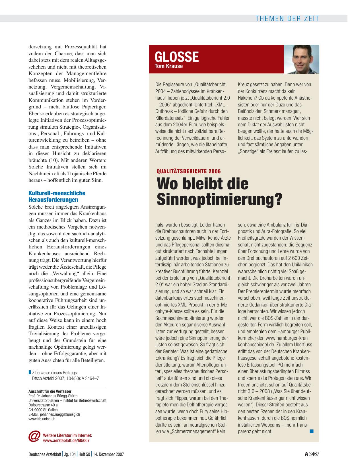 Vorschauseite 1: Qualitätsberichte 2006: Wo bleibt die Sinnoptimierung?