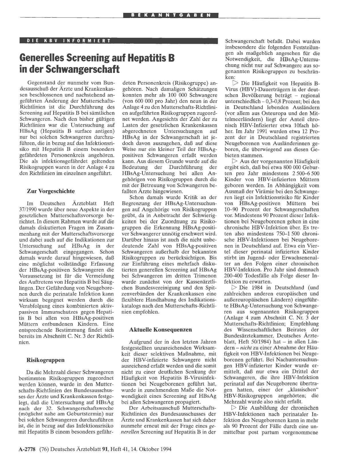 Vorschauseite 1: Generelles Screening auf Hepatitis B in der Schwangerschaft