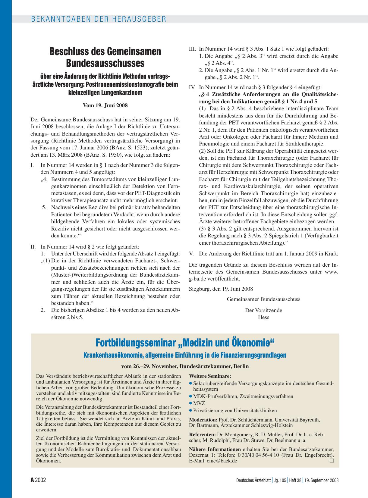 Vorschauseite 1: Fortbildungsseminar „Medizin und Ökonomie“